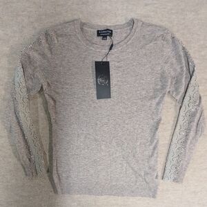 *NWT Cashmere S. Christina Taupe Gray Sleeve Embellished Lace Sweater Size L/XL